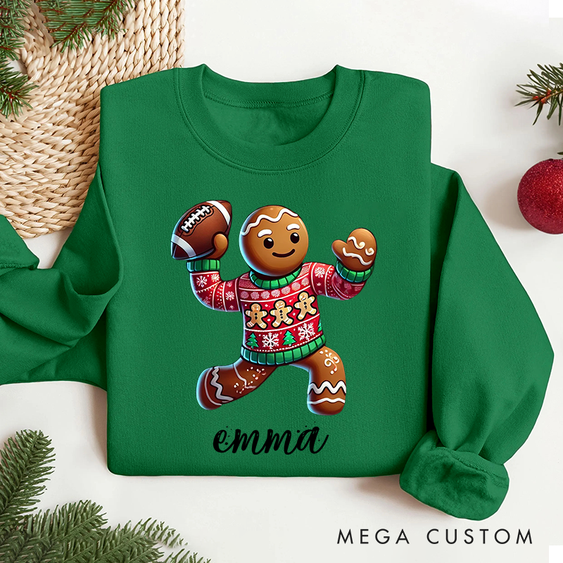Personalized American Football Gingerbread Design Christmas Sweatshirt with Custom Name