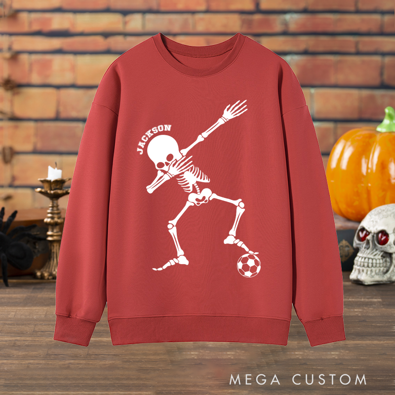 Personalized Halloween Sweatshirt with Dabbing Skeleton, Soccer Ball, and Custom Name Design