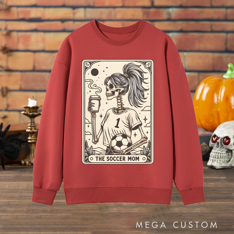 Personalized "The Soccer Mom" Halloween Sweatshirt with Skeleton Tarot Card Design and Custom Number