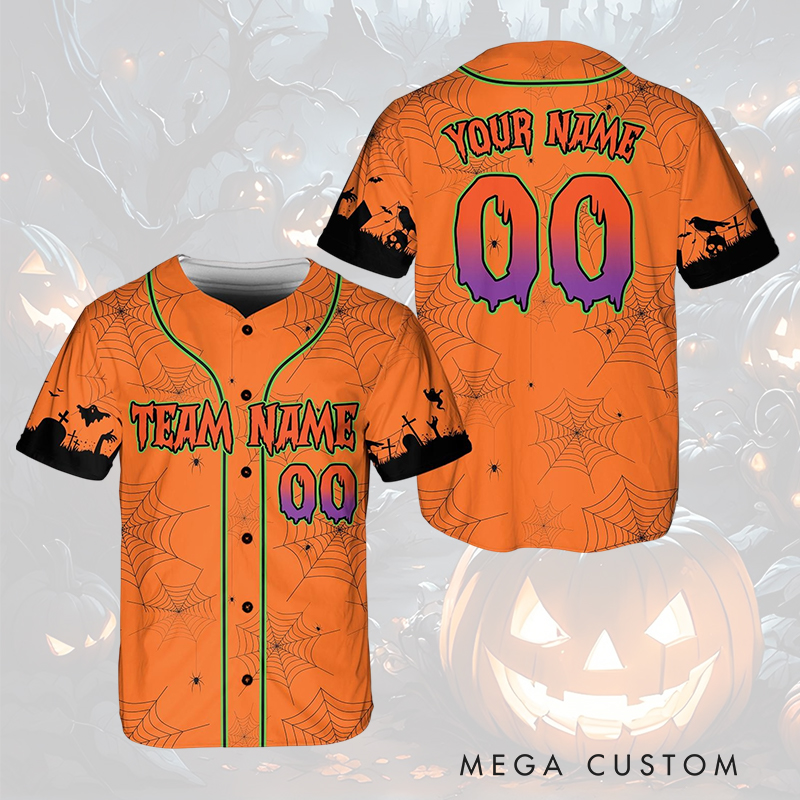 Personalized Halloween Baseball Jersey with Spiderweb Design and Custom Text  