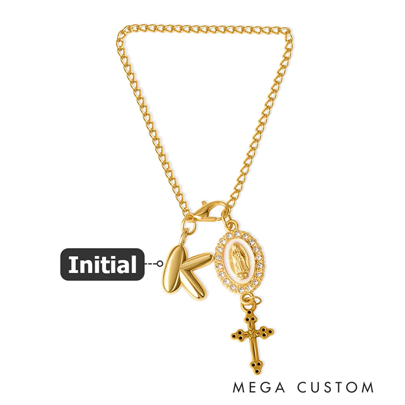 Personalized Zircon Virgin Mary and Cross Steering Wheel Rosary Charm with Bubble Initial Car Decor Prayer Safety Birthday Gift for Drivers Christians