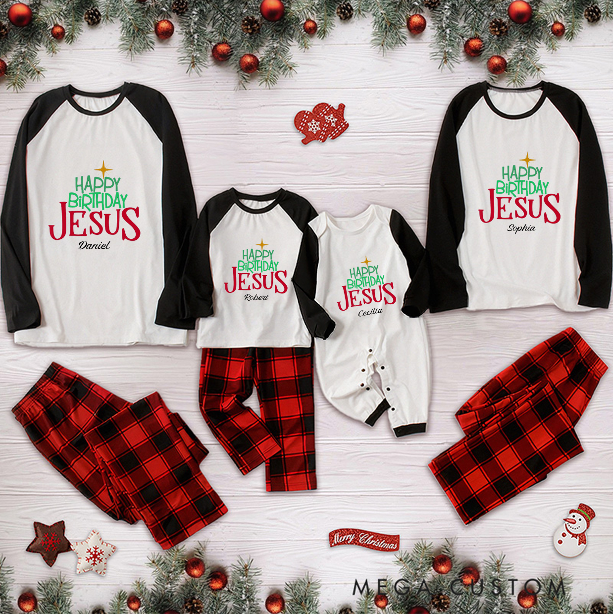 Personalized Happy Birthday Jesus Christmas Family Matching Long Sleeve Pajama with Name Christmas Gift Religious Gift for Christians 