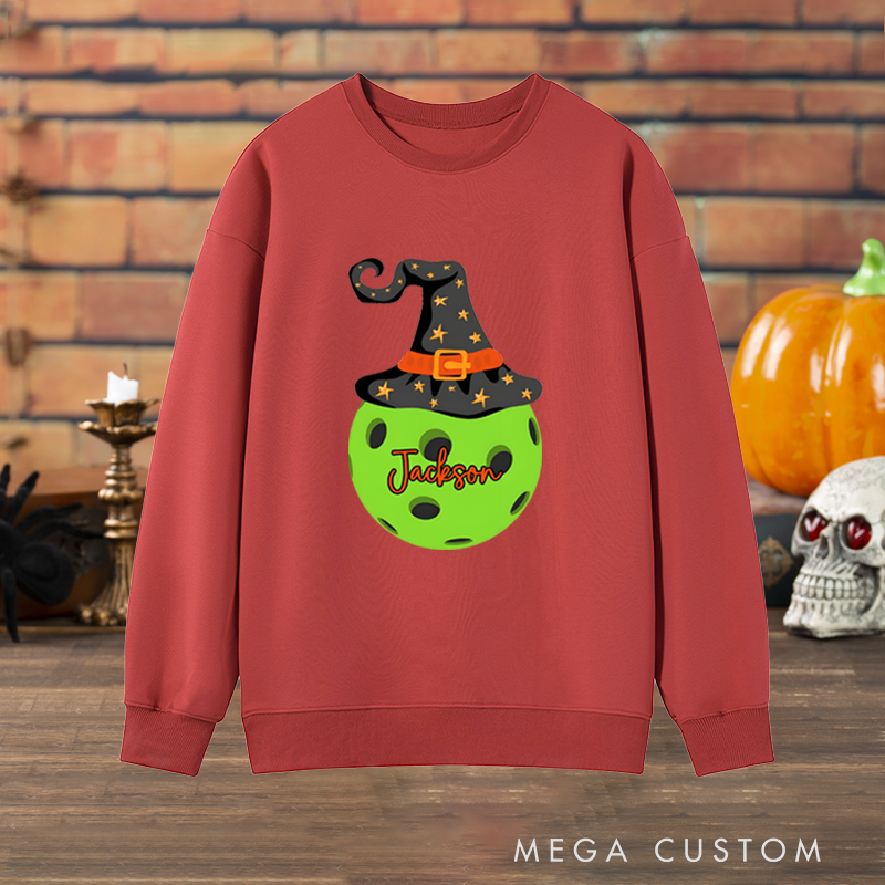 Personalized Halloween Pickleball Sweatshirt with Witch Hat and Custom Name Design