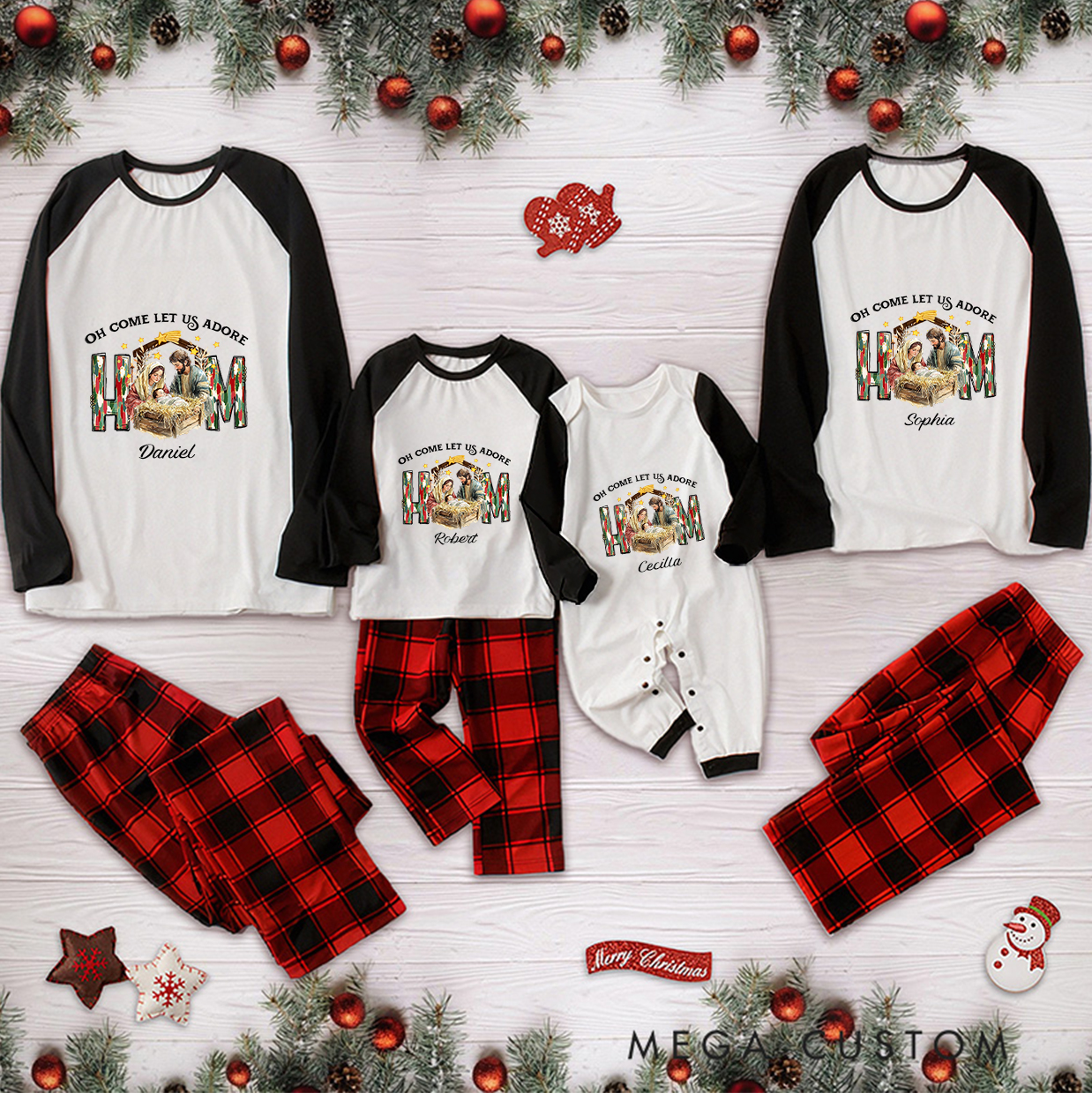 Personalized Oh Come Let Us Adore Him Coquette Jesus Christmas Family Matching Long Sleeve Pajama with Name Religious Gift for Family