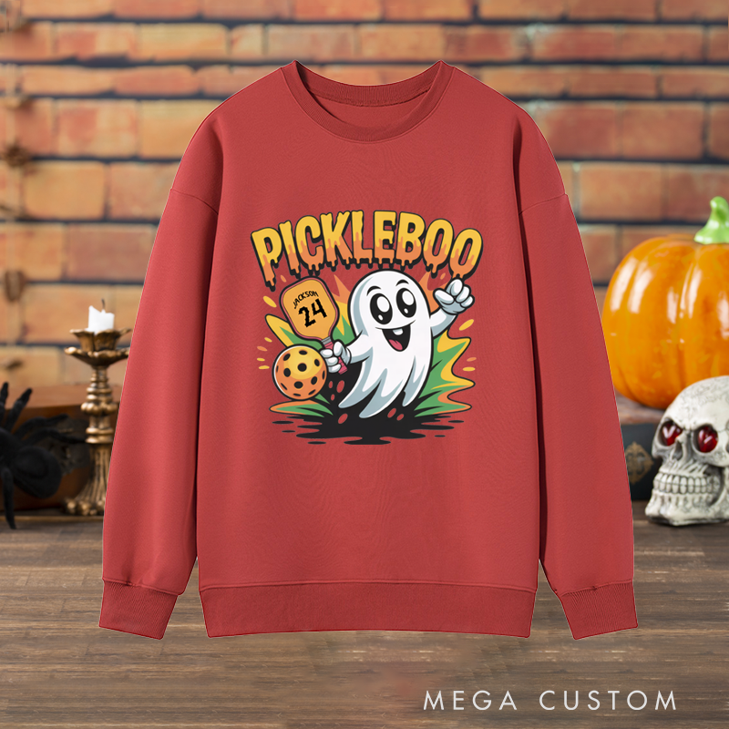 Personalized "Pickleboo" Halloween Pickleball Sweatshirt with Custom Name and Number Design