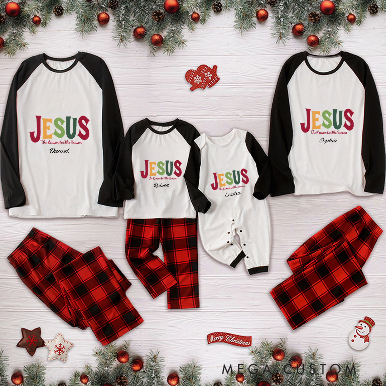 Personalized Jesus Reason for the Season Christmas Family Matching Long Sleeve Pajama with Name Christmas Gift Religious Gift