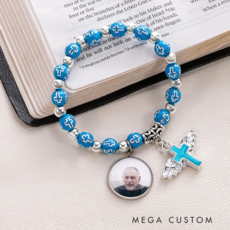 Personalized Cross Elastic Cord Commemorative Bracelet with Photo Religious Christmas Gift for Christian