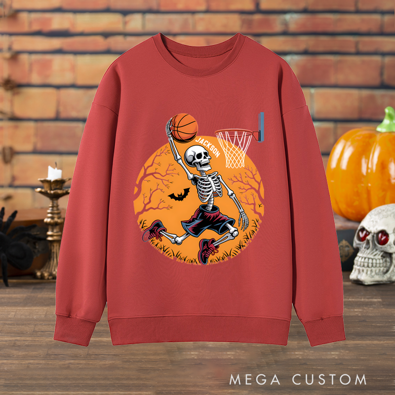 Personalized Halloween Basketball Sweatshirt with Skeleton Dunking Design and Custom Name