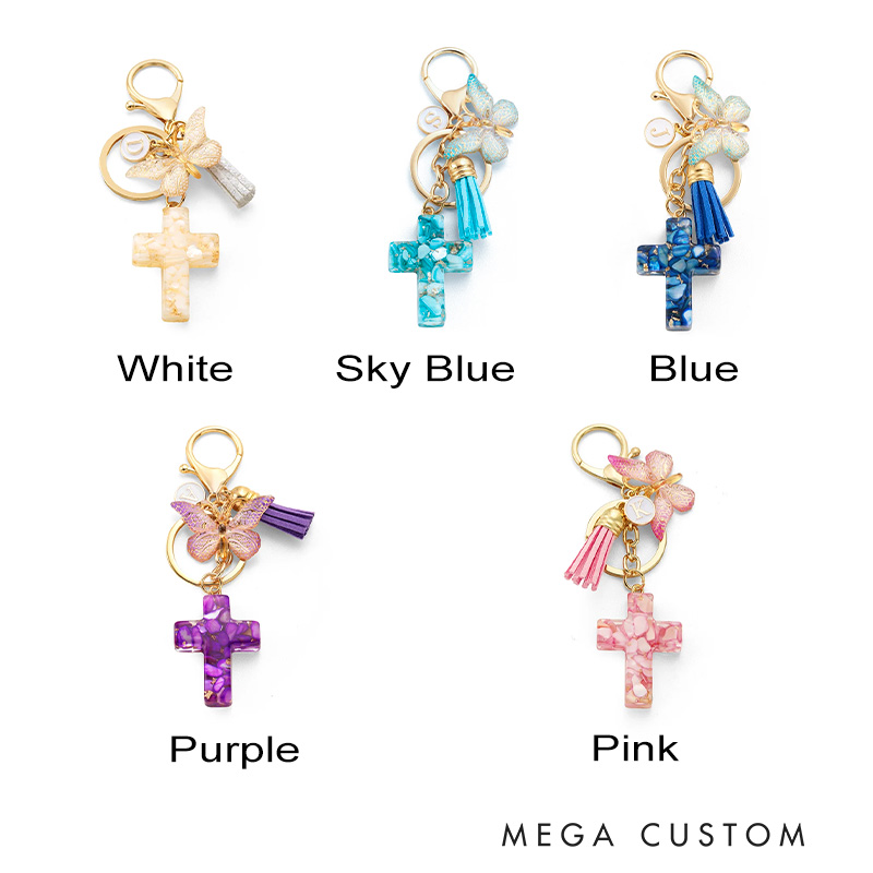 Personalized Gradient Butterfly Cross Charm Keychain with Initial and Tassel Prayer Religious Birthday Gift for Women Christian
