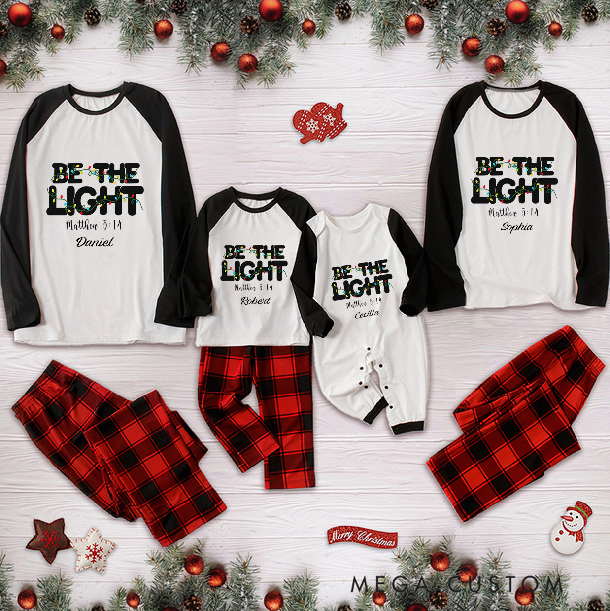 Personalized be the Light Long Sleeve Family Pajama Matching Set with Name Religious Gift Christmas Gift for Family Faith Gift