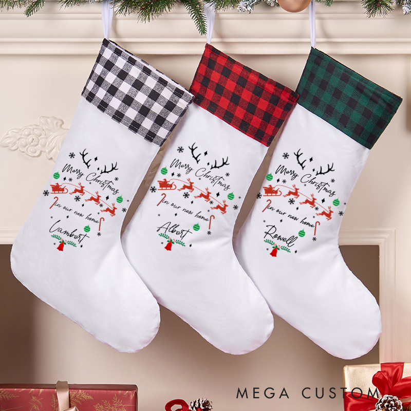 Personalized Merry Christmas Stocking Custom Holiday Stocking with Name Reindeer and Sleigh Design Festive Decoration Christmas Keepsake Gift