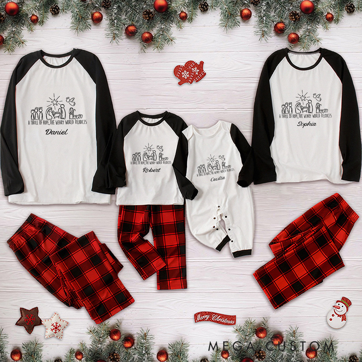 Personalized a Thrill of Hope the Weary World Rejoices Long Sleeve Family Pajama Matching Set with Name Religious Gift Christmas Gift for Family