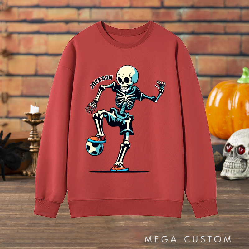 Personalized Halloween Soccer Sweatshirt with Skeleton Player and Custom Name Design