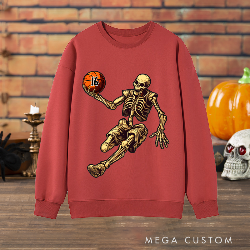 Personalized Halloween Basketball Sweatshirt with Skeleton Player and Custom Number Design