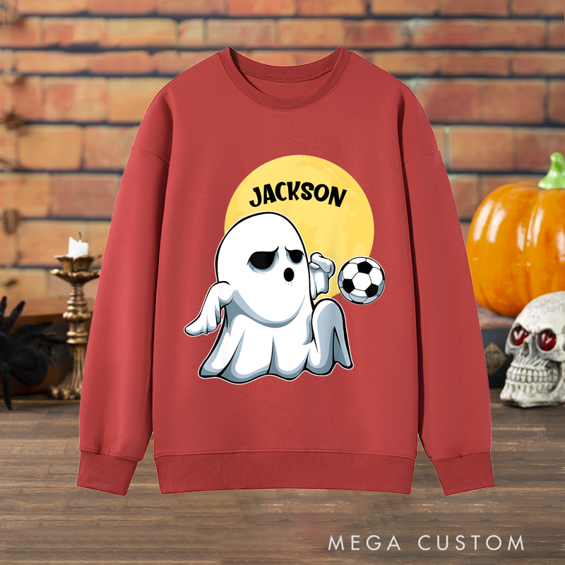 Personalized Halloween Soccer Sweatshirt with Ghost Player and Custom Name Design