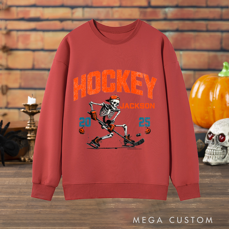 Personalized Halloween Hockey Sweatshirt with Skeleton Player, Custom Name, and Year Design
