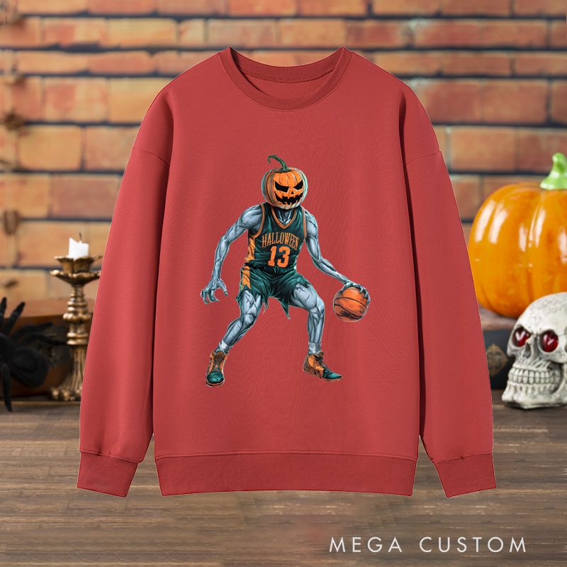 Personalized Halloween Basketball Sweatshirt with Pumpkin Head Player and Custom Number Design