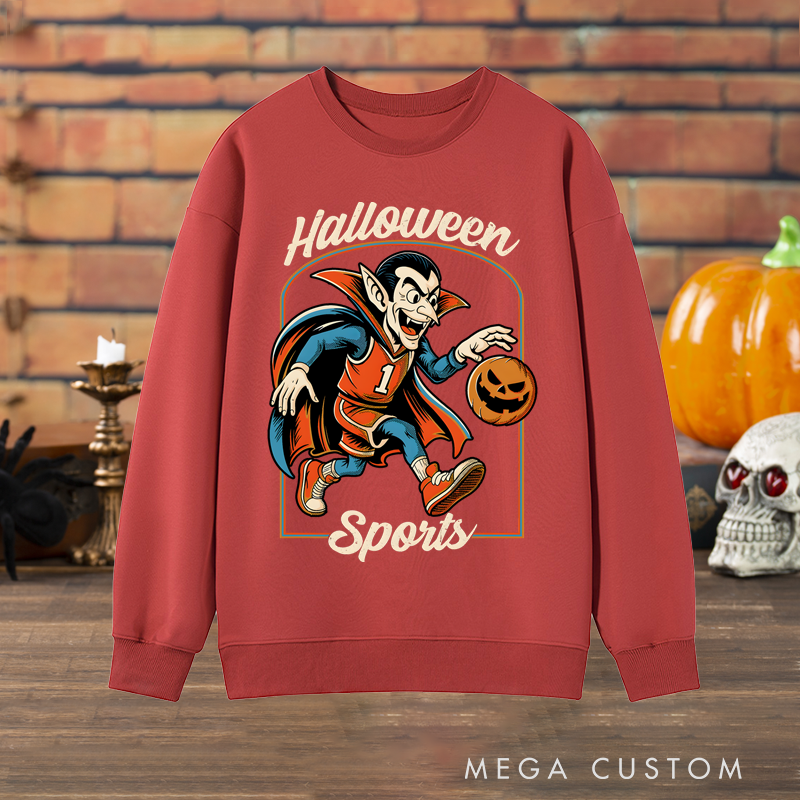 Personalized Halloween Sports Basketball Sweatshirt with Vampire Player, Pumpkin Ball, and Custom Number Design