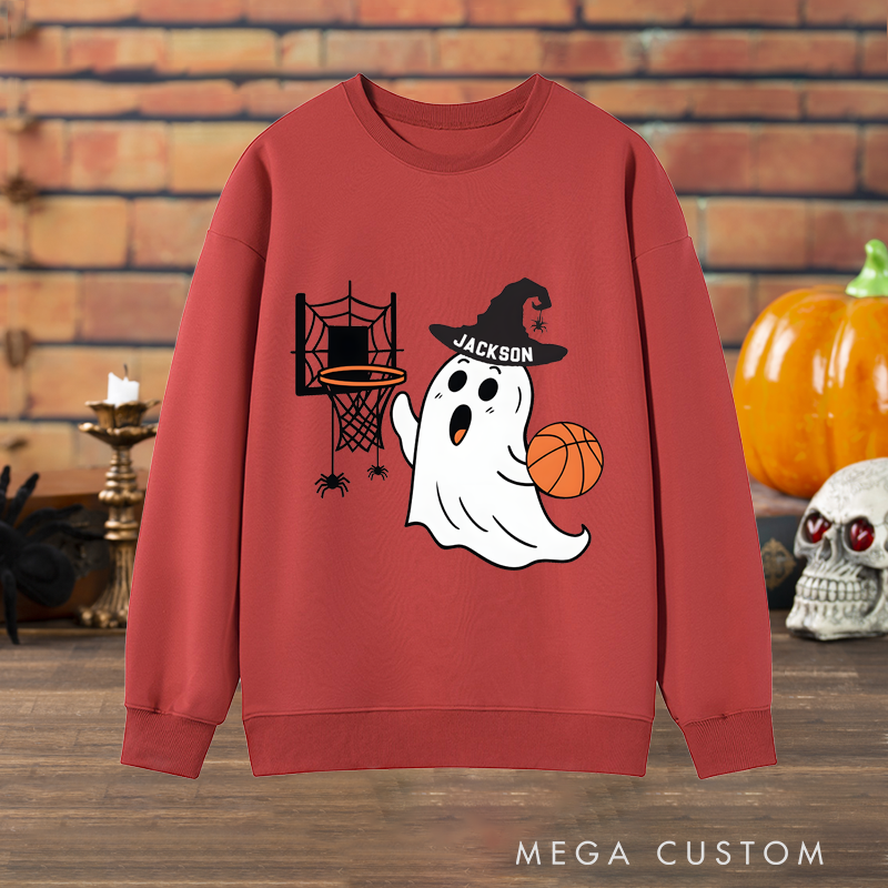 Personalized Halloween Ghost Basketball Sweatshirt with Custom Name and Spooky Hoop Design