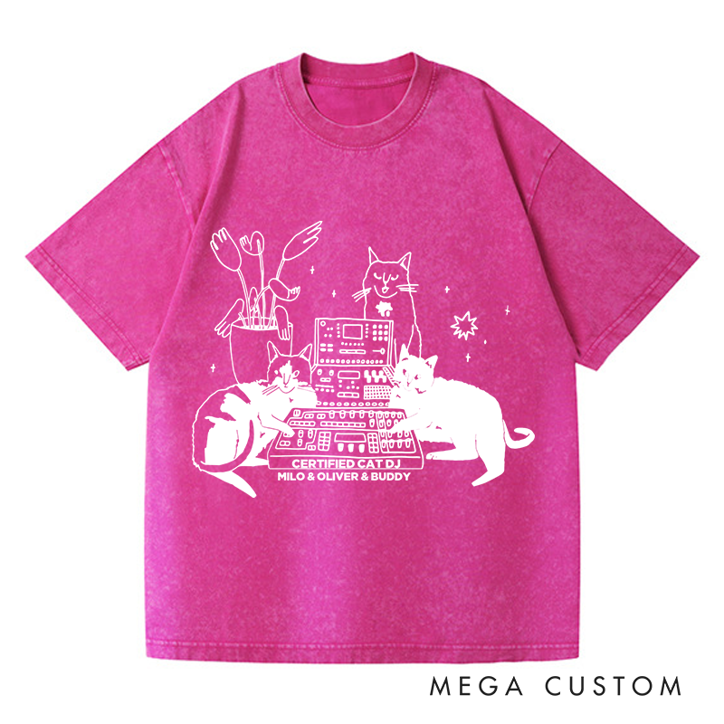 Personalized  Washed T-Shirts with Cat Sitting on Synthesizer and DJ Cat Illustration and Available in Multiple Colors