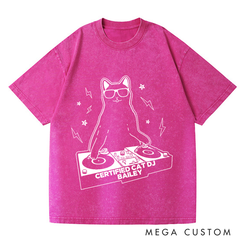 Personalized  Washed T-Shirts Funny Cat DJ Turntable T-Shirt