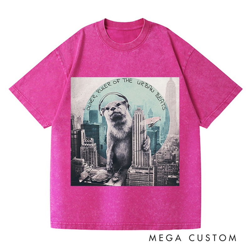 Personalized  Washed T-Shirts Funny Otter DJ Skyline Design and Unique Otter DJ Music Lover T-Shirt