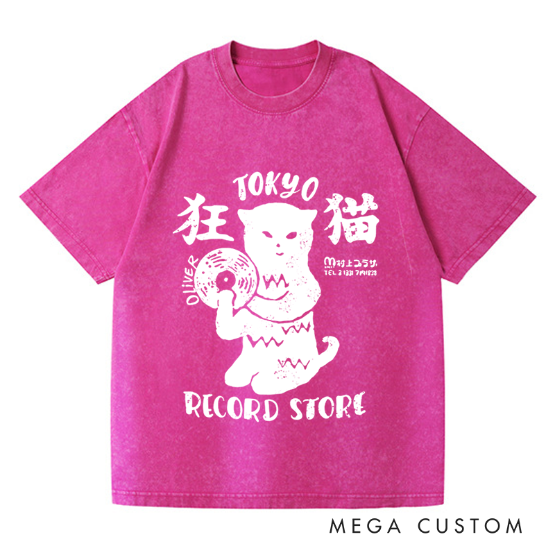 Personalized Washed T-Shirts Tokyo Record Store T-Shirt Vinyl Record Player Cool Vintage Rock Tee DJ Graphic Melting Band Music Tee