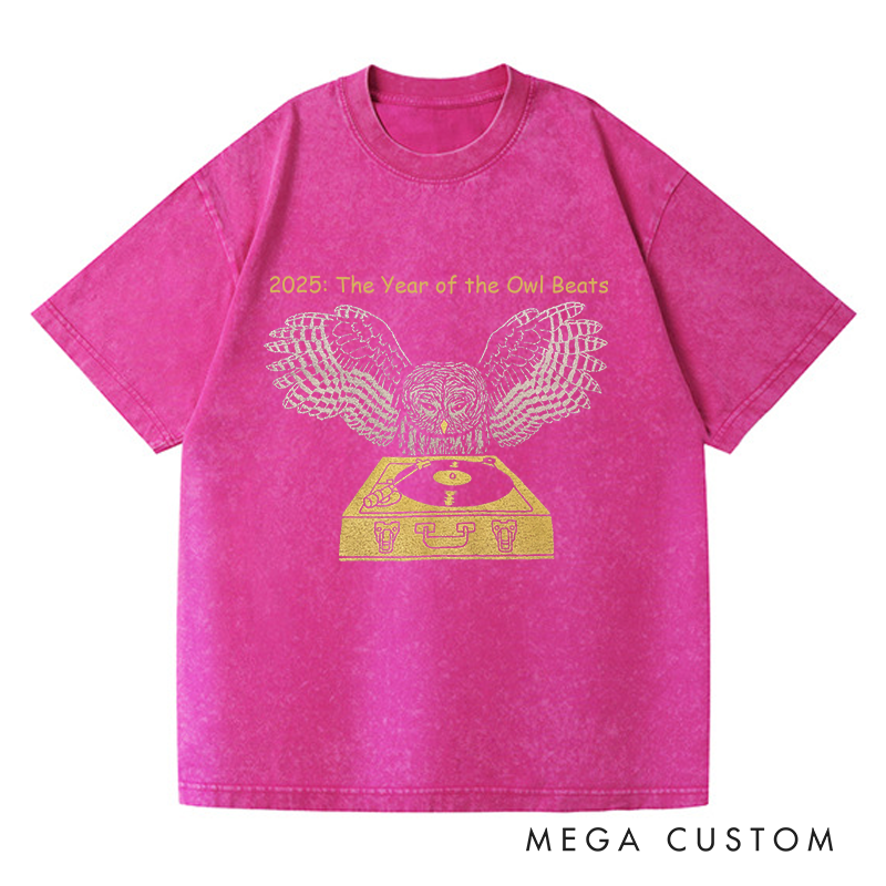 Personalized Washed T-Shirts DJ Owl Record Bird Feathers Retro Spinning Chartreuse Turntable Awesome Music T-Shirt