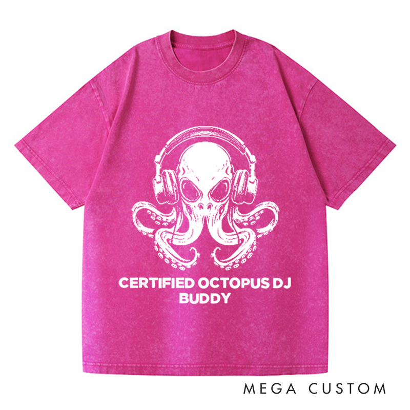 Personalized Washed T-Shirts Unique Octopus DJ Music Lover and Cool Octopus DJ Headphones Art T-Shirt