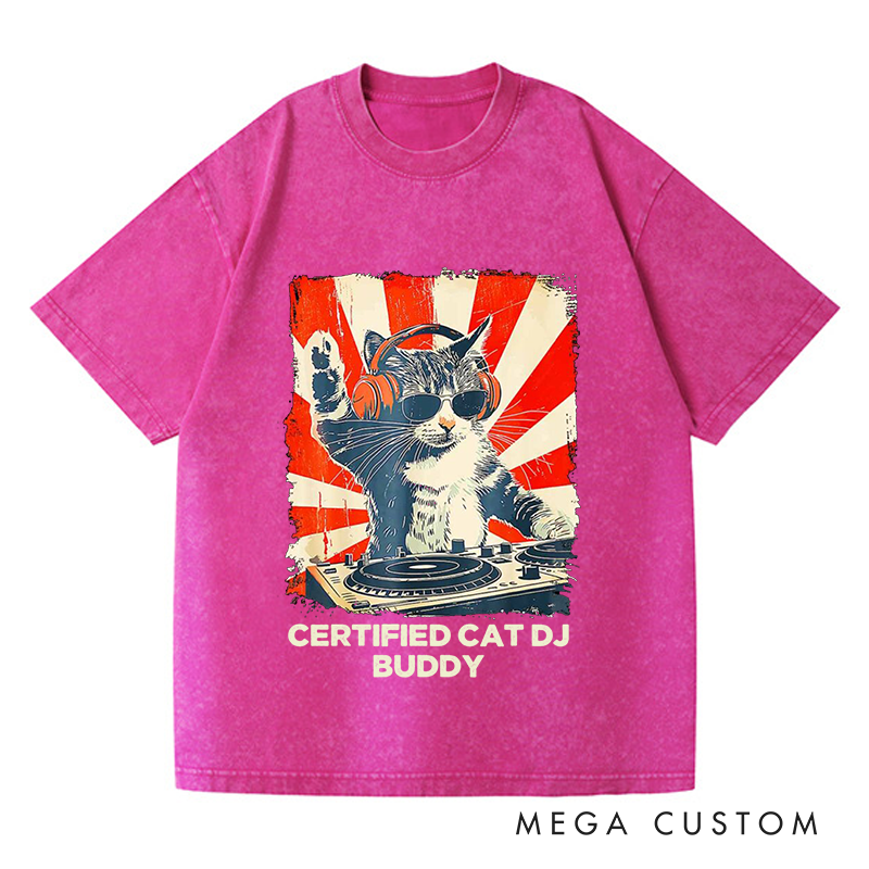 Personalized Washed T-Shirts Cool Retro Cat DJ Buddy Music Lover and Funny Cat DJ with Headphones Art T-Shirt