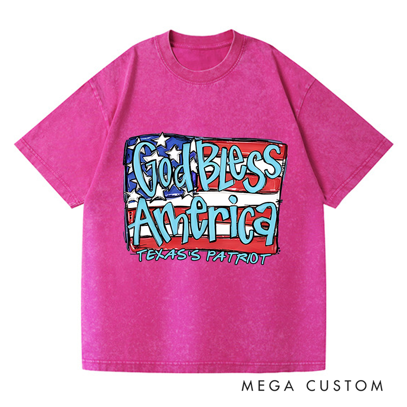 Personalized Washed T-Shirts God Bless America Patriotic and Red White and Blue American Flag T-Shirt