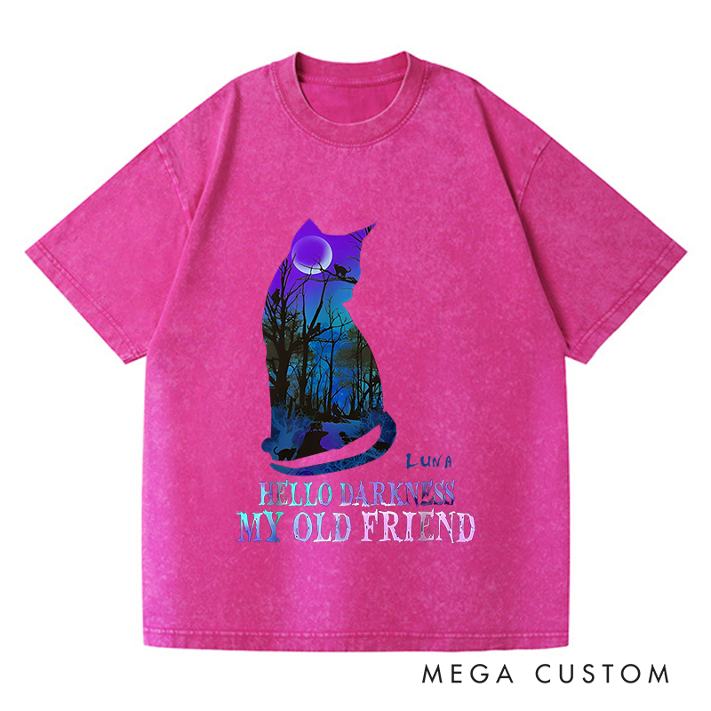 Personalized Washed T-Shirts Hello Darkness My Old Friend and Halloween Mystical Cat and Moonlit Forest Graphic T-Shirt