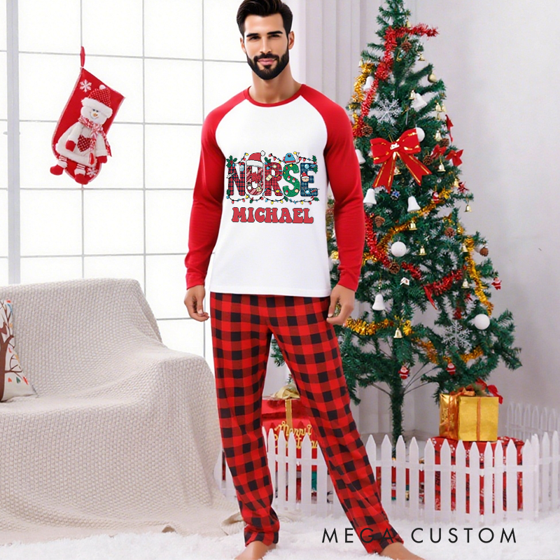 Personalized Nurse Christmas Pajama Sets Custom Nurse Christmas Lights Design Pajamas Xmas Gift