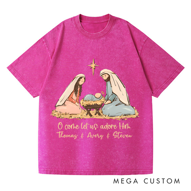Personalized Washed T-Shirts O Come Let Us Adore Him Nativity Scene Inspirational T-Shirt