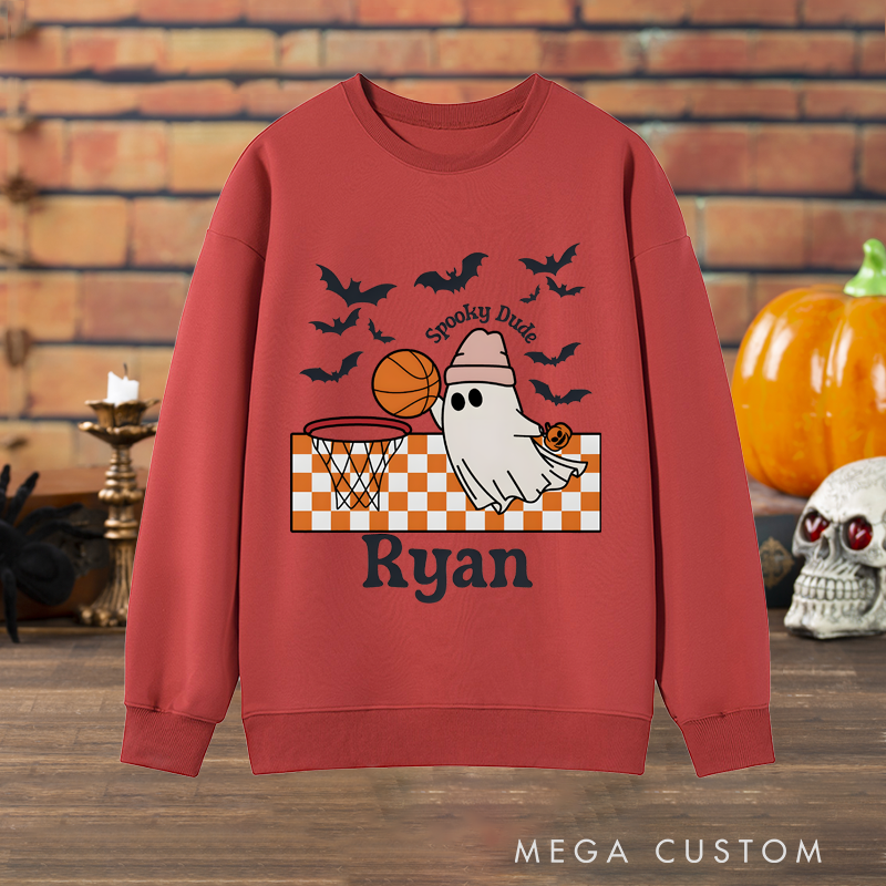 Personalized Halloween Sweatshirt with Ghost Basketball Design, Custom Name, and Spooky Details