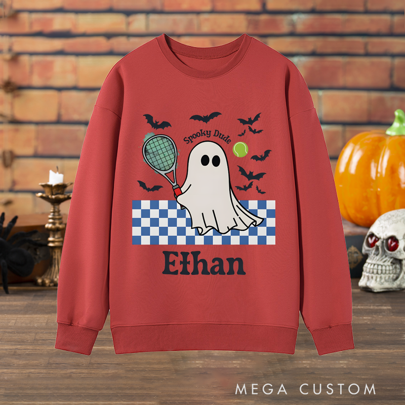 Personalized Halloween Sweatshirt with Ghost Tennis Design and Custom Name