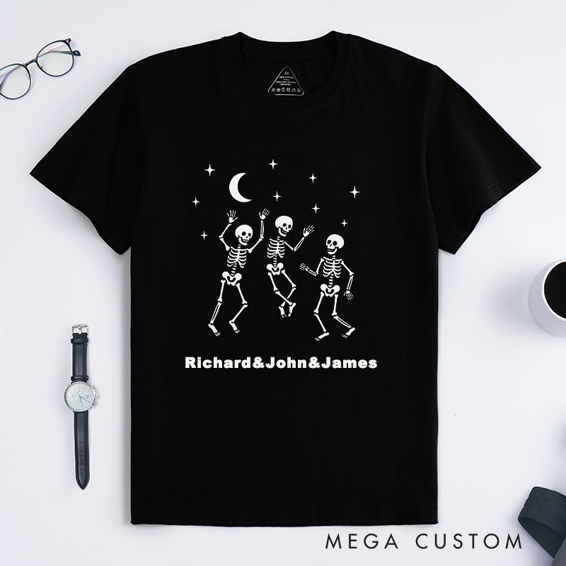 Personalized Dancing Skeletons Halloween T-Shirts Unique Graphic Custom Name Gift for Men Funny Spooky Shirt for Friends and Skeleton Lovers