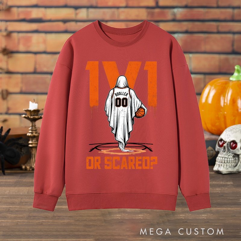 Personalized "1v1 or Scared?" Halloween Basketball Sweatshirt with Custom Name and Number