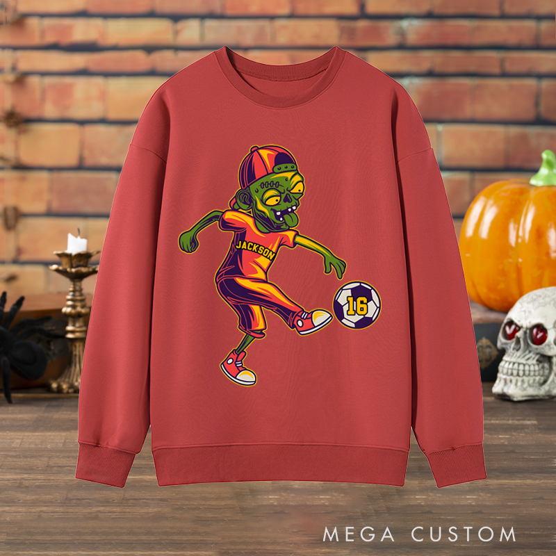 Personalized Halloween Sweatshirt with Zombie Soccer Player Design, Custom Name, and Number