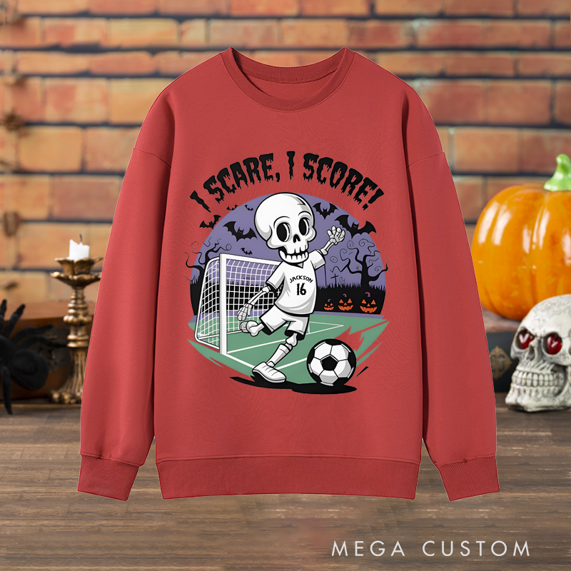 Personalized Halloween Soccer Sweatshirt with Skeleton Player Design, Custom Name, and Number