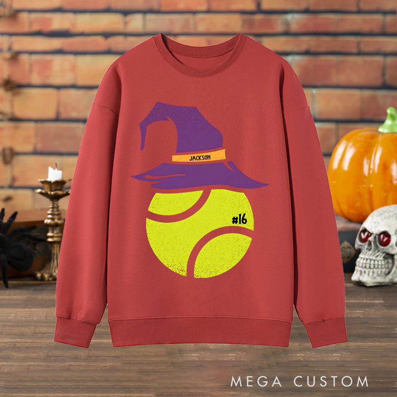Personalized Halloween Tennis Sweatshirt with Witch Hat Design, Custom Name, and Number