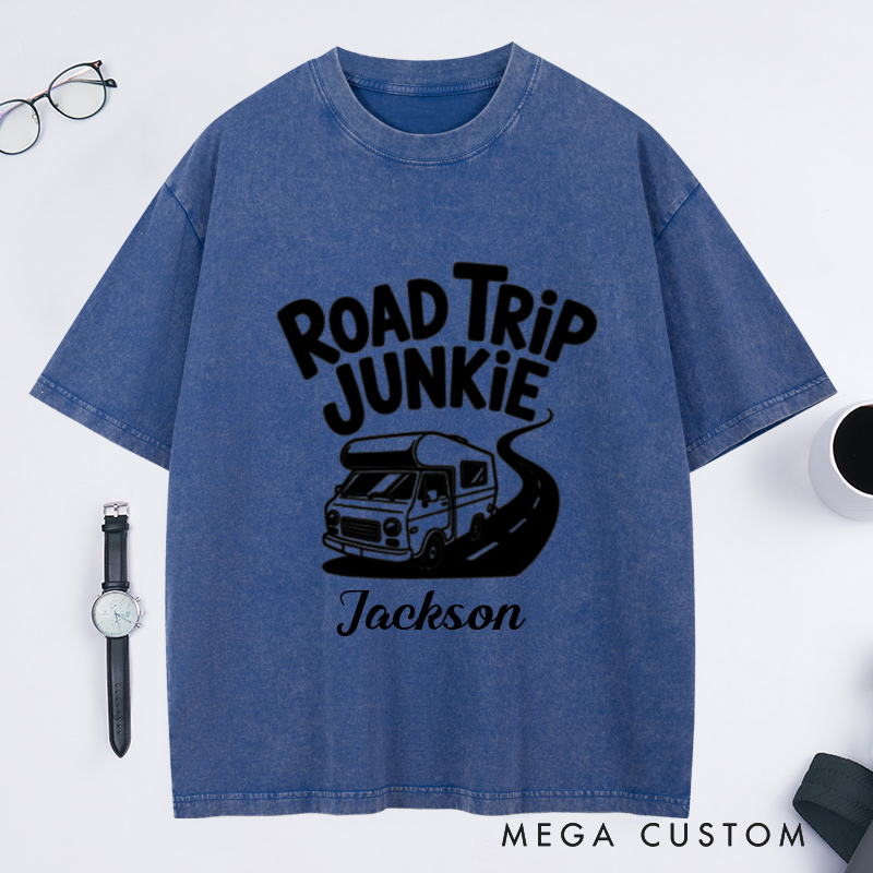 Personalized Road Trip Junkie Washed T-Shirt for Traveling Lovers Traveler Gifts Road Trip Tee