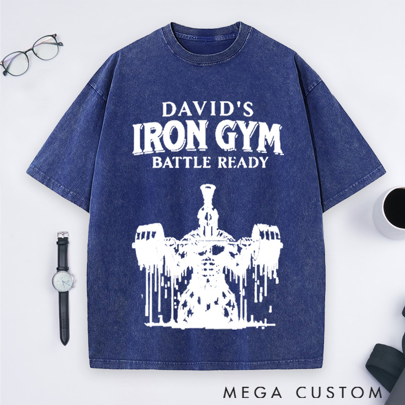 Personalized Gym Washed T-Shirts with Classic Soldier with Barbell Design for Fitness Enthusiasts Bodybuilders and Gym Lovers