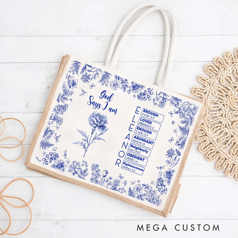 Personalized Toile De Jouy Birth Flower Bible Chapter Name Large Capacity Jute Tote Bag Baptism Birthday Christmas Gift for Women Christians