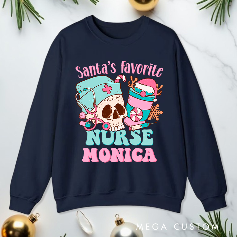 Personalized Nurse Sweatshirt Customized Santa's Favorite Nurse Design Sweatshirt Nurse Christmas Gifts 