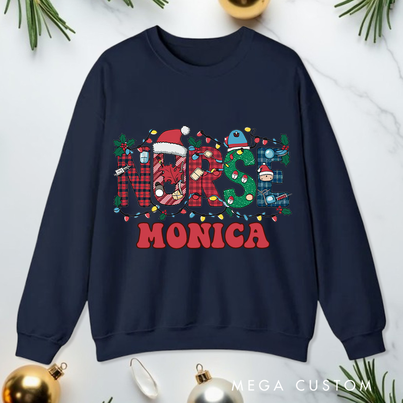 Personalized Nurse Sweatshirt Customized Festive Nurse Christmas Lights Design Sweatshirt Nurse Christmas Gifts 
