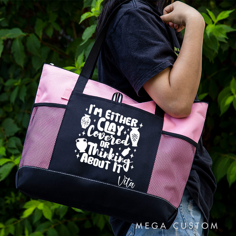 Personalized I'm either Clay Covered or Thinking about It Tote Bag Funny Pottery Lover Gift Ceramics Art Bag Gift for Pottery Artist