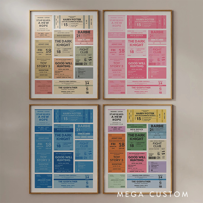 Personalized Square Movie Ticket Poster Without Frame Custom Film Lover Art Gift for film fans Date Night Wall Decor