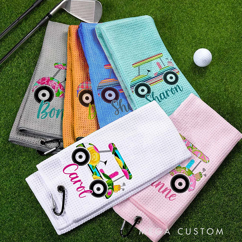 Personalized Golf Towel with Floral Golf Cart and Custom Name Design  