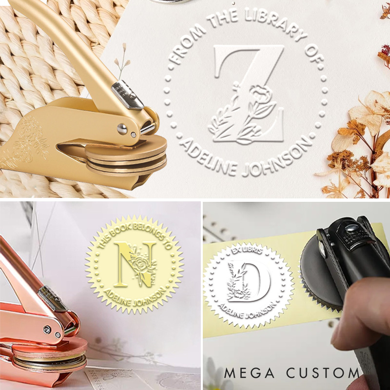 Personalized Floral Initial Book Embosser Stamp Hand Held Flower Embosser with Name and Title Birthday Gift for Book Lovers Librarian Gift